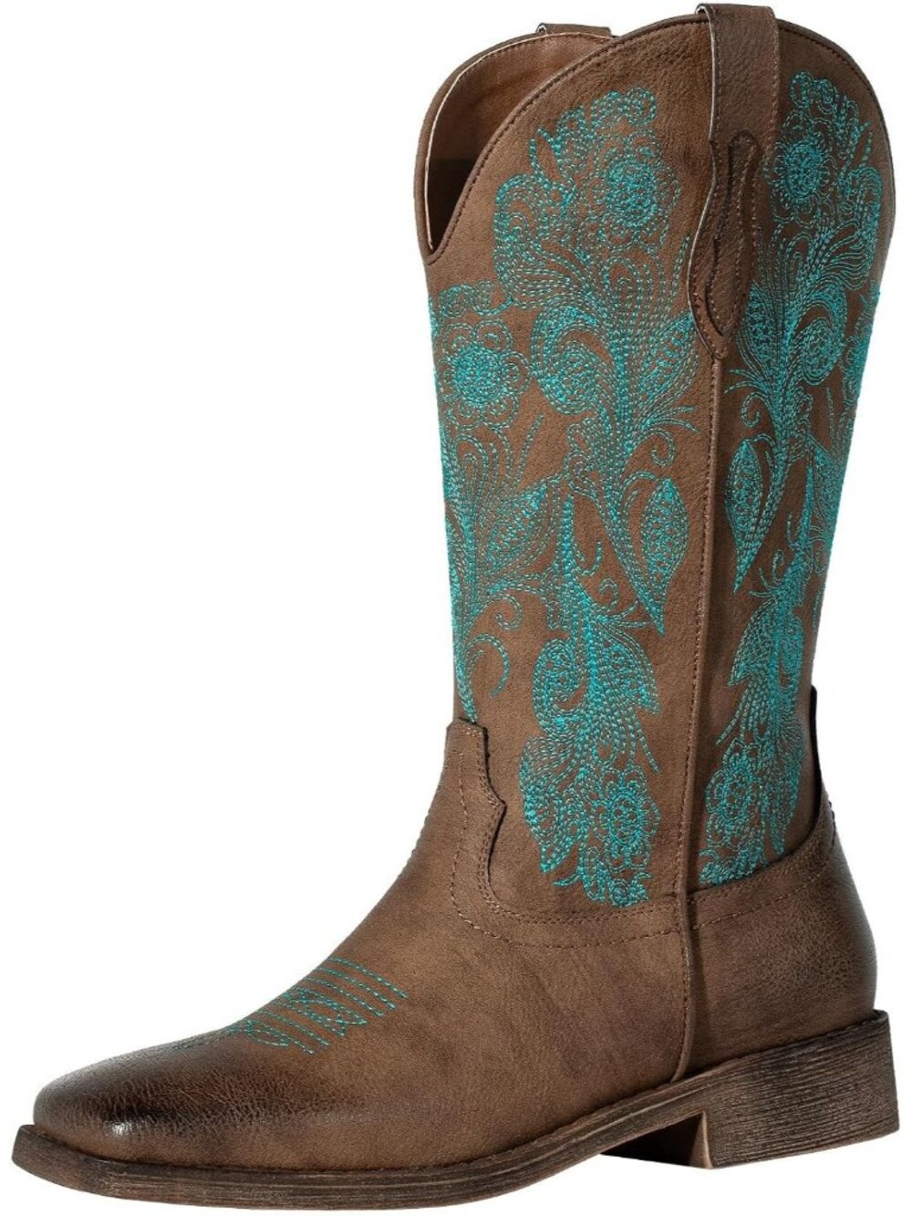 Women’s Turquoise Brown Cowboy Boots Square Toe Embroidered Western Cowgirl Boot